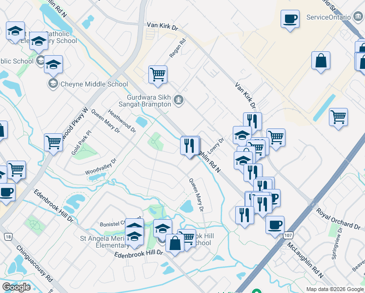 map of restaurants, bars, coffee shops, grocery stores, and more near 106 Tianalee Crescent in Brampton