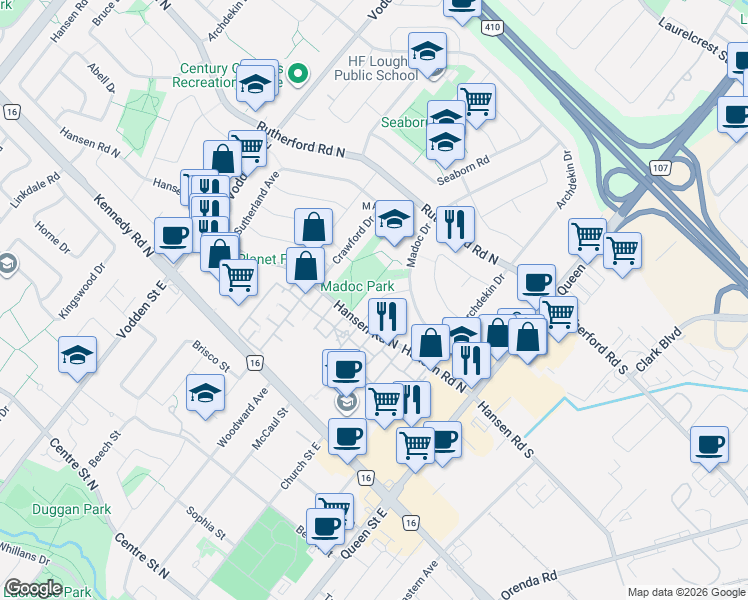map of restaurants, bars, coffee shops, grocery stores, and more near 18 Lauderdale Road in Brampton