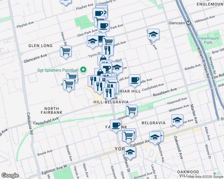 map of restaurants, bars, coffee shops, grocery stores, and more near 2497 Dufferin Street in Toronto