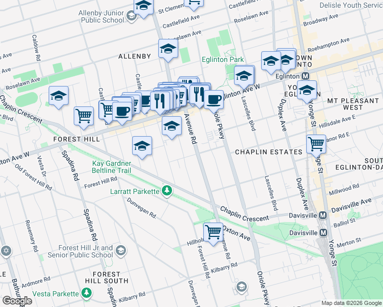 map of restaurants, bars, coffee shops, grocery stores, and more near 46 College View Avenue in Toronto