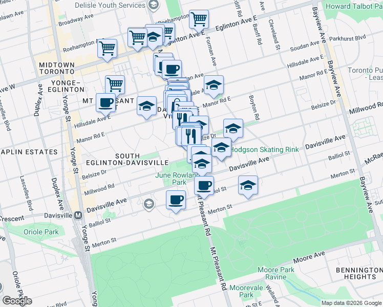 map of restaurants, bars, coffee shops, grocery stores, and more near 511 Mount Pleasant Road in Toronto