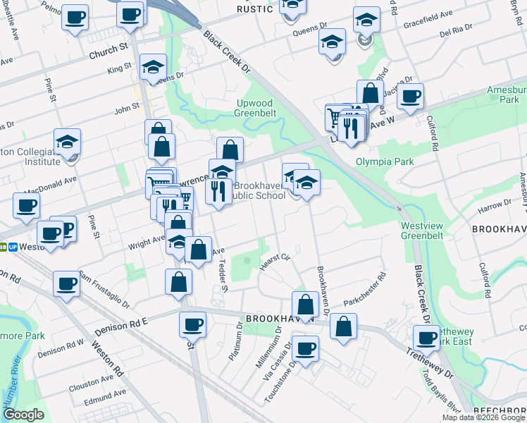 map of restaurants, bars, coffee shops, grocery stores, and more near 46 Chiswick Avenue in Toronto