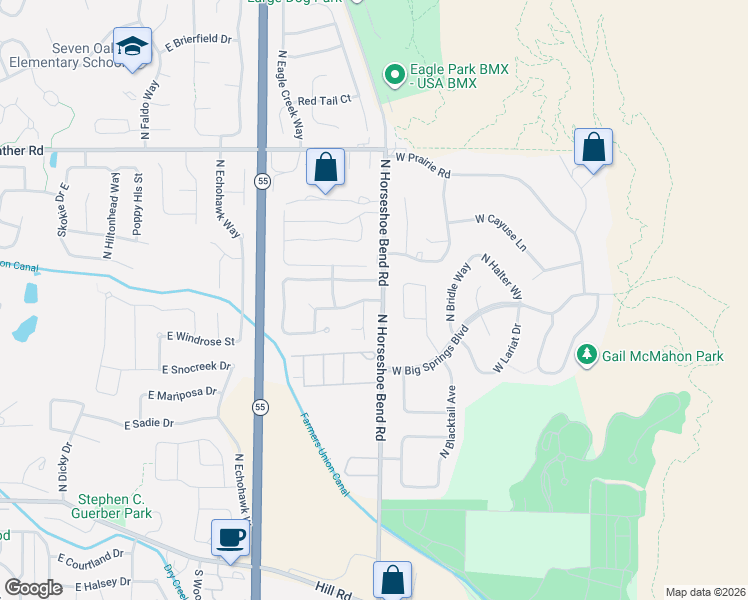 map of restaurants, bars, coffee shops, grocery stores, and more near 3160 East Shadowview Street in Eagle