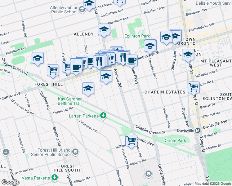 map of restaurants, bars, coffee shops, grocery stores, and more near 52 College View Avenue in Toronto