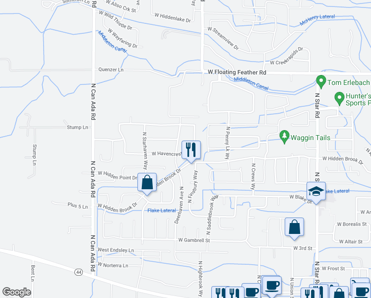 map of restaurants, bars, coffee shops, grocery stores, and more near 12138 West Havencrest Drive in Star