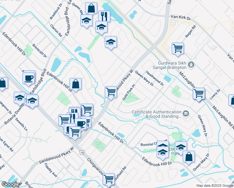 map of restaurants, bars, coffee shops, grocery stores, and more near 111 Woodvalley Drive in Brampton