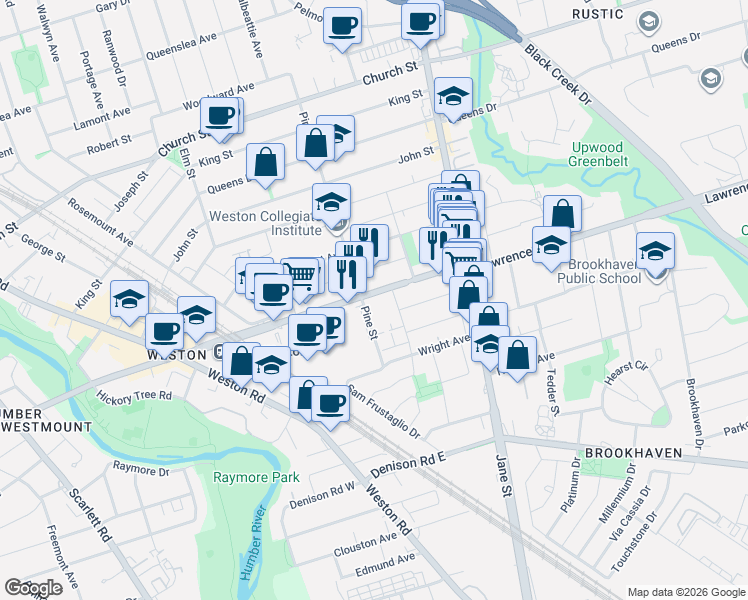 map of restaurants, bars, coffee shops, grocery stores, and more near 8 Lawrence Avenue West in Toronto