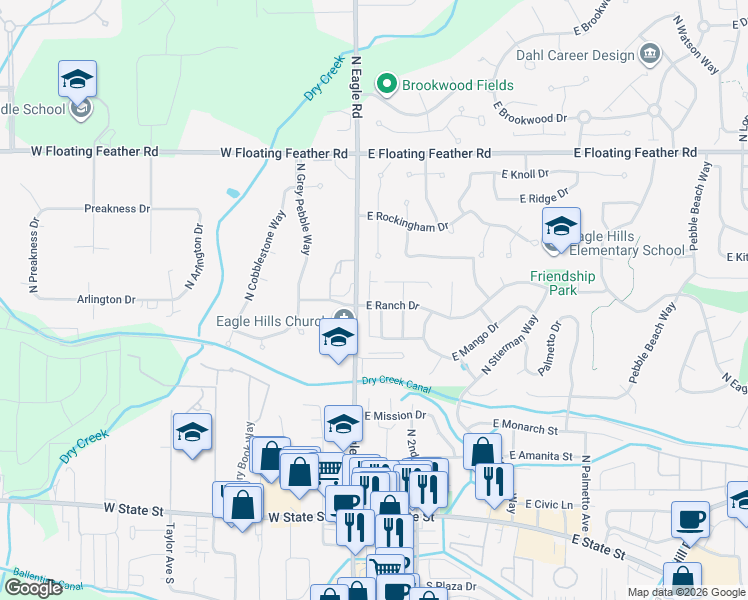 map of restaurants, bars, coffee shops, grocery stores, and more near 38 East Ranch Drive in Eagle