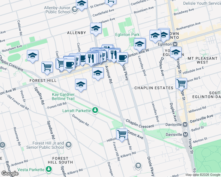 map of restaurants, bars, coffee shops, grocery stores, and more near 44 College View Avenue in Toronto