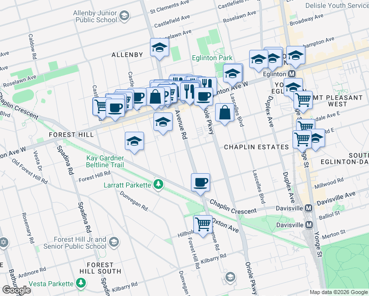 map of restaurants, bars, coffee shops, grocery stores, and more near 42 College View Avenue in Toronto