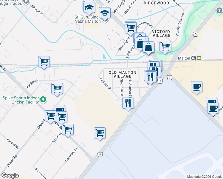 map of restaurants, bars, coffee shops, grocery stores, and more near 38 Cattrick Street in Mississauga