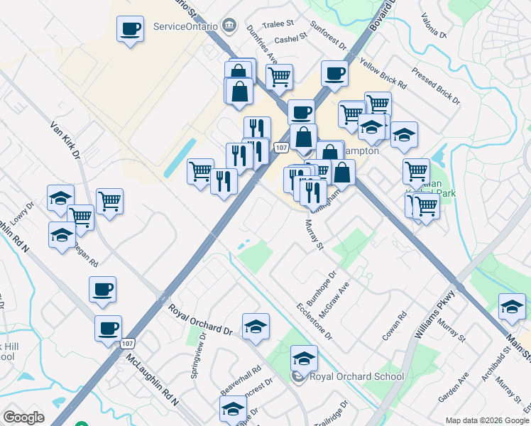 map of restaurants, bars, coffee shops, grocery stores, and more near 21 Manett Crescent in Brampton
