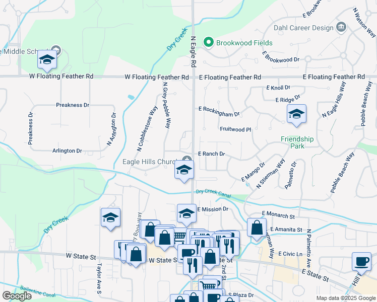 map of restaurants, bars, coffee shops, grocery stores, and more near 683 North Eagle Road in Eagle