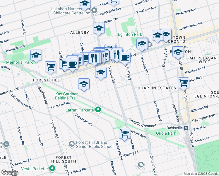 map of restaurants, bars, coffee shops, grocery stores, and more near 83 Braemar Avenue in Toronto