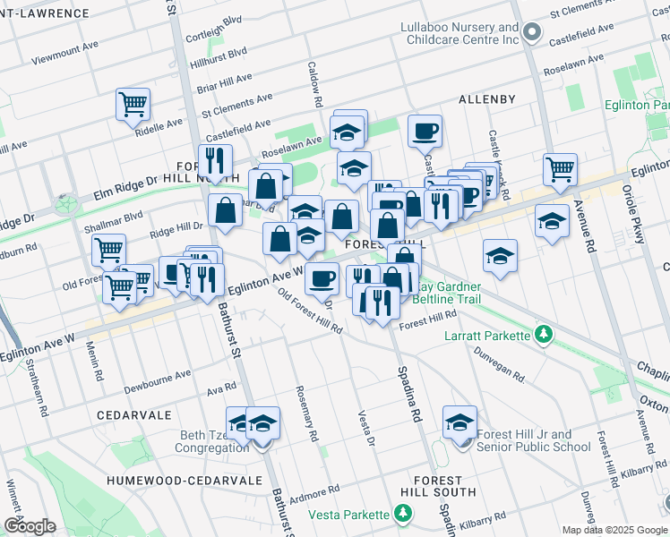 map of restaurants, bars, coffee shops, grocery stores, and more near in Toronto