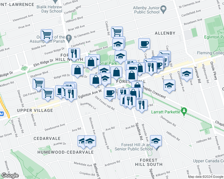 map of restaurants, bars, coffee shops, grocery stores, and more near in Toronto