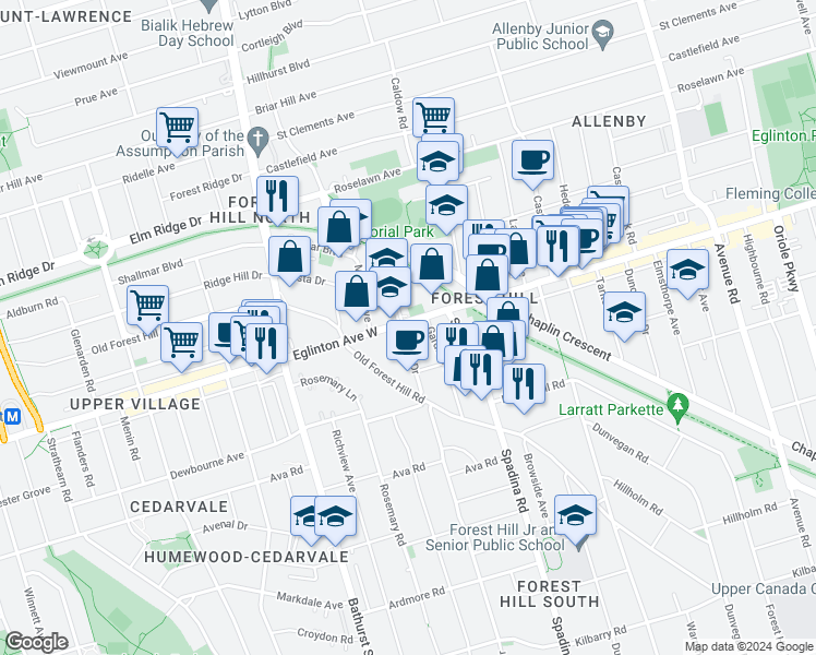 map of restaurants, bars, coffee shops, grocery stores, and more near in Toronto