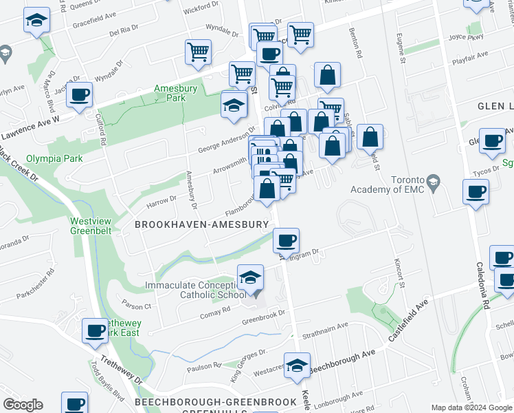 map of restaurants, bars, coffee shops, grocery stores, and more near in Toronto