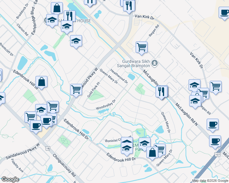 map of restaurants, bars, coffee shops, grocery stores, and more near in Brampton