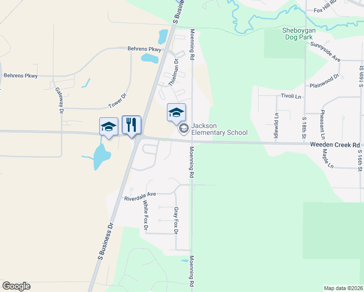 map of restaurants, bars, coffee shops, grocery stores, and more near 2530 Weeden Creek Road in Sheboygan