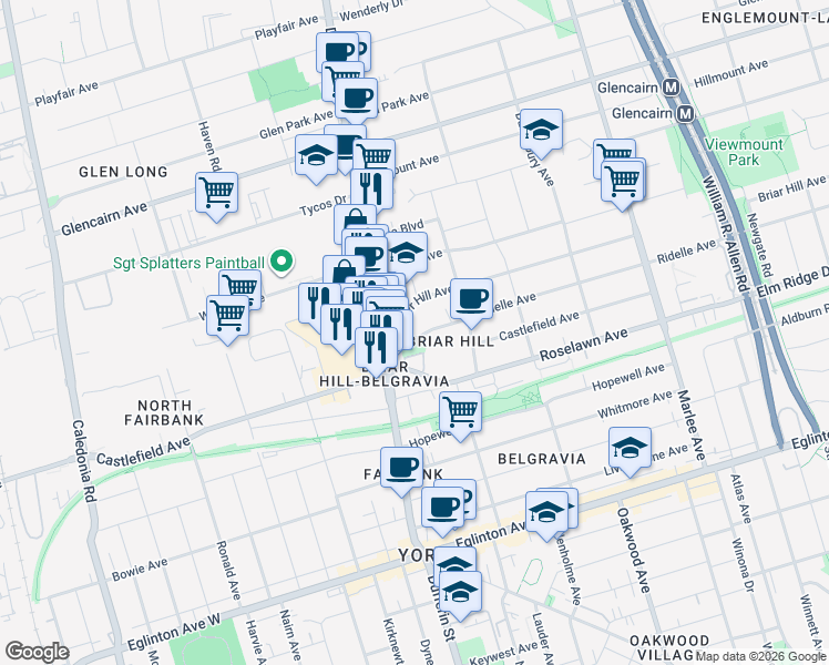 map of restaurants, bars, coffee shops, grocery stores, and more near in Toronto