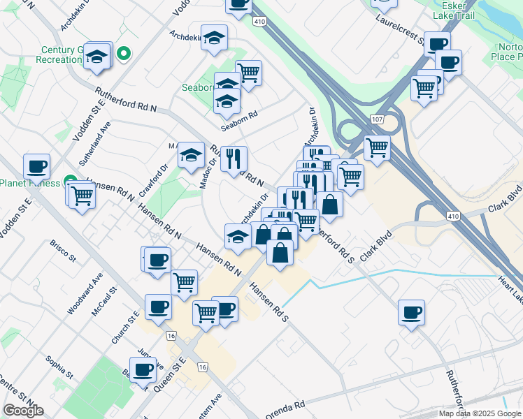 map of restaurants, bars, coffee shops, grocery stores, and more near 67 Archdekin Drive in Brampton