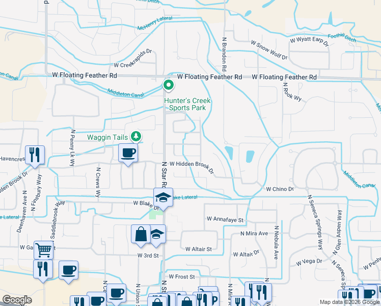 map of restaurants, bars, coffee shops, grocery stores, and more near 11004 West Rose Lake Street in Star
