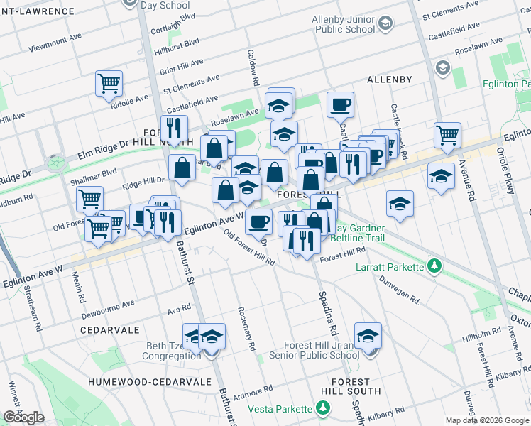map of restaurants, bars, coffee shops, grocery stores, and more near 699 Eglinton Avenue West in Toronto