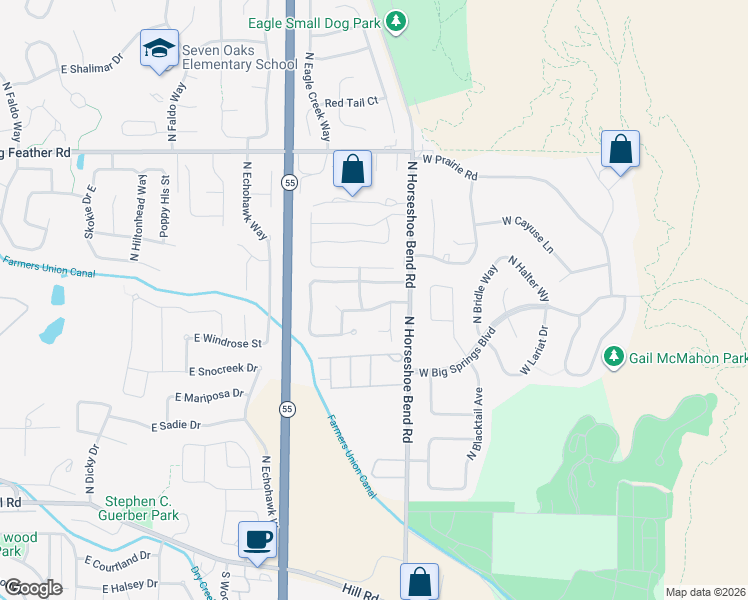 map of restaurants, bars, coffee shops, grocery stores, and more near 2998 East Shadowview Street in Eagle