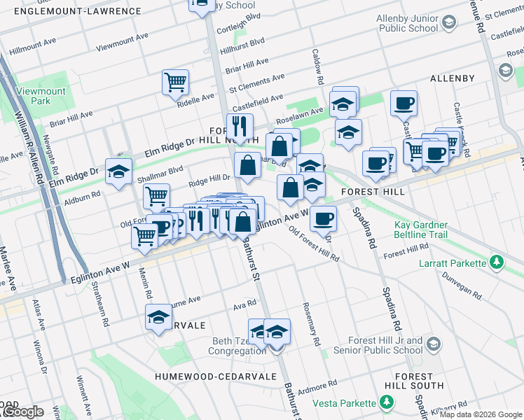 map of restaurants, bars, coffee shops, grocery stores, and more near 144 Old Forest Hill Road in Toronto