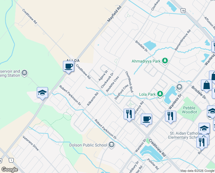 map of restaurants, bars, coffee shops, grocery stores, and more near 12 Clockwork Drive in Brampton