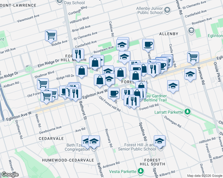 map of restaurants, bars, coffee shops, grocery stores, and more near 716 Eglinton Avenue West in Toronto