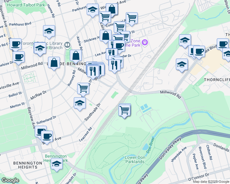 map of restaurants, bars, coffee shops, grocery stores, and more near 1073 Millwood Road in Toronto