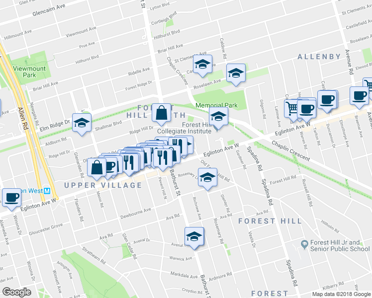 map of restaurants, bars, coffee shops, grocery stores, and more near 144 Old Forest Hill Road in Toronto