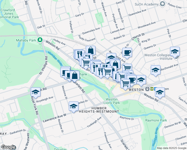 map of restaurants, bars, coffee shops, grocery stores, and more near 2100 Weston Road in Toronto