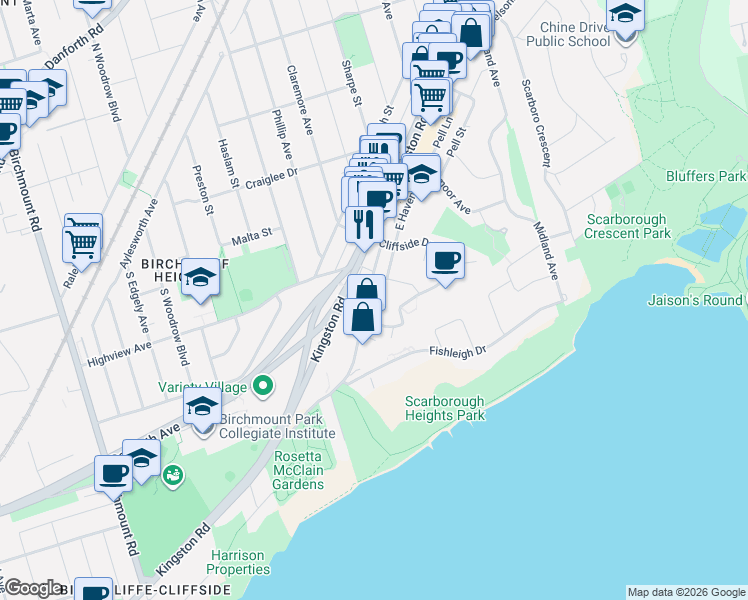map of restaurants, bars, coffee shops, grocery stores, and more near 53 Glen Everest Road in Toronto