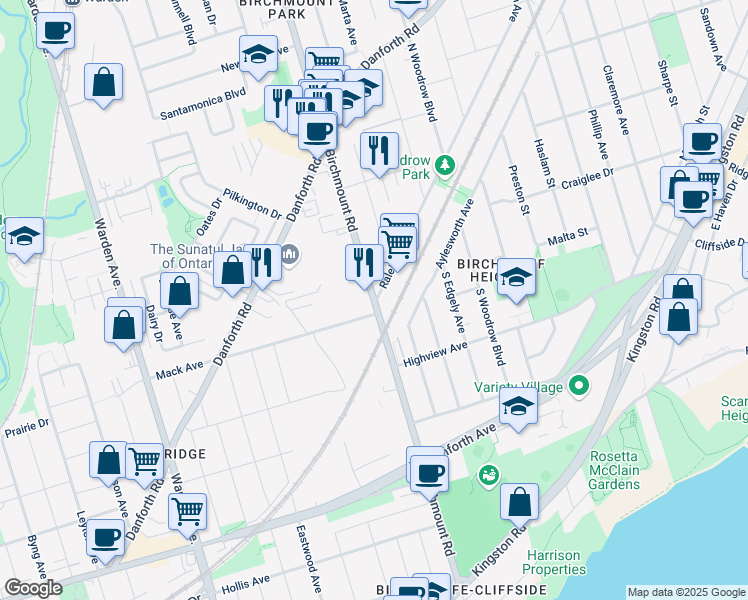 map of restaurants, bars, coffee shops, grocery stores, and more near Birchmount Rd & Raleigh Ave in Toronto