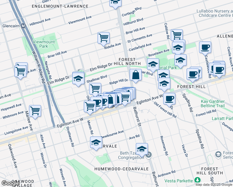 map of restaurants, bars, coffee shops, grocery stores, and more near 23 Hilltop Road in Toronto