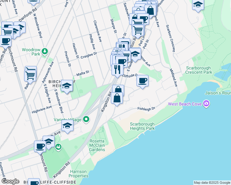 map of restaurants, bars, coffee shops, grocery stores, and more near 54 Glen Everest Road in Toronto