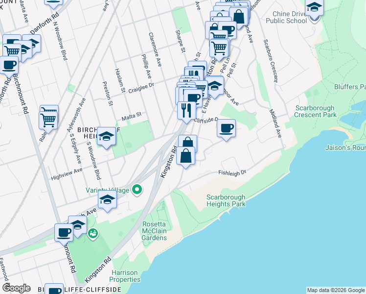 map of restaurants, bars, coffee shops, grocery stores, and more near 20 Aylesford Drive in Toronto