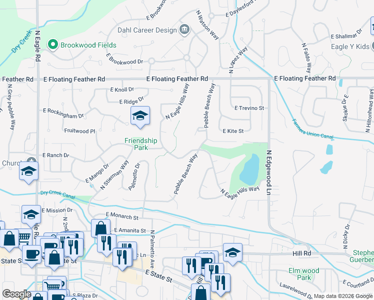 map of restaurants, bars, coffee shops, grocery stores, and more near 804 North Eagle Hills Way in Eagle
