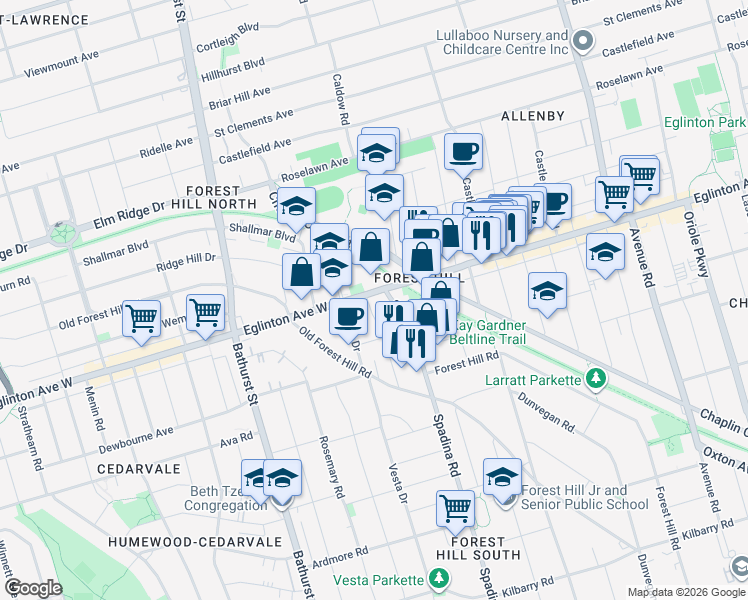 map of restaurants, bars, coffee shops, grocery stores, and more near 45 Gardiner Road in Toronto