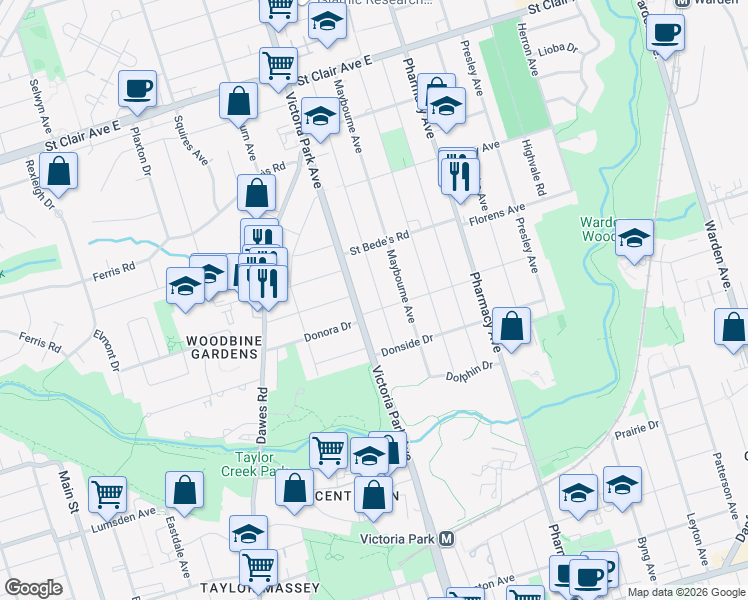 map of restaurants, bars, coffee shops, grocery stores, and more near 46 Pitt Avenue in Toronto