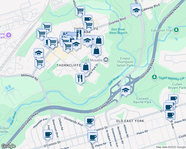 map of restaurants, bars, coffee shops, grocery stores, and more near 49 Thorncliffe Park Drive in Toronto