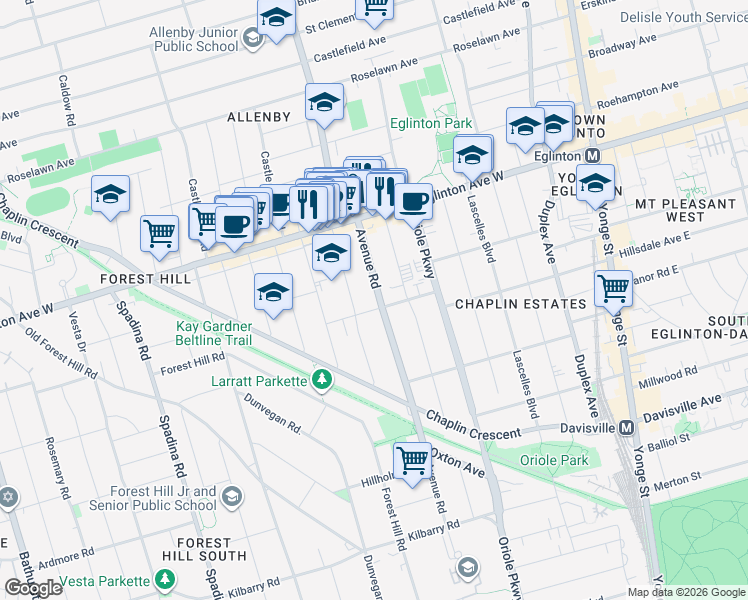 map of restaurants, bars, coffee shops, grocery stores, and more near 938 Avenue Road in Toronto