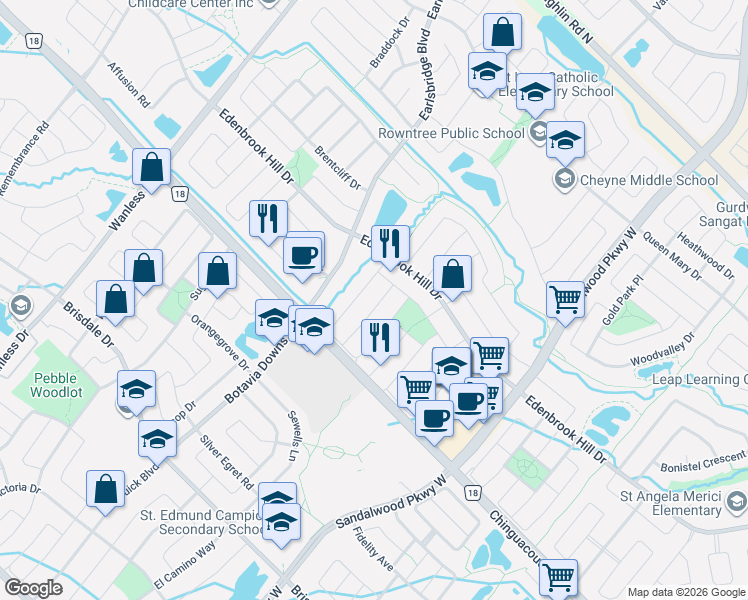 map of restaurants, bars, coffee shops, grocery stores, and more near 12 Bramfield Street in Brampton