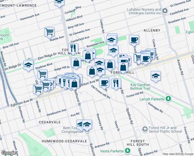 map of restaurants, bars, coffee shops, grocery stores, and more near 740 Eglinton Avenue West in Toronto