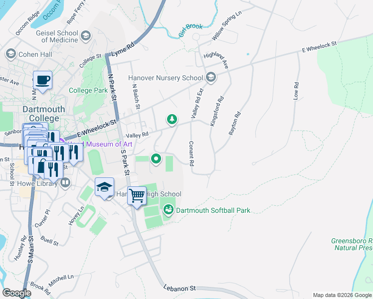 map of restaurants, bars, coffee shops, grocery stores, and more near 8 Conant Road in Hanover
