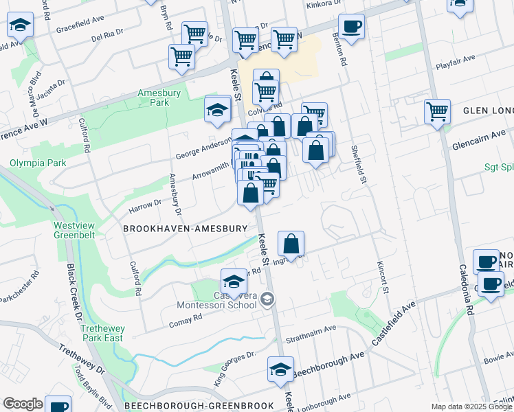map of restaurants, bars, coffee shops, grocery stores, and more near 2275 Keele Street in Toronto