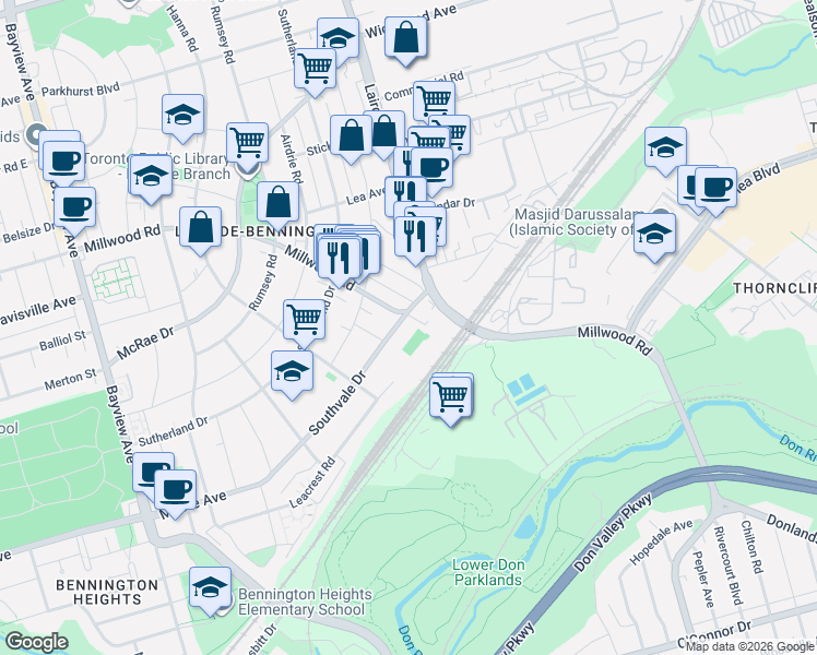 map of restaurants, bars, coffee shops, grocery stores, and more near 3 Southvale Drive in Toronto